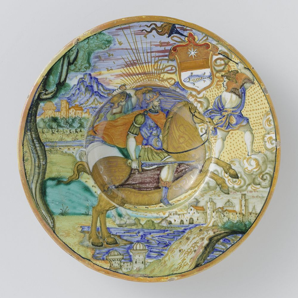 Plate with horsemen in a landscape and an unidentified coat of arms (c. 1535 - c. 1540) by anonymous