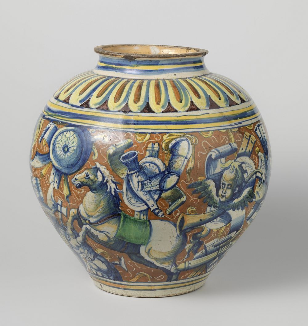 Vaas, gedrukt eivormig, veelkleurig beschilderd met trofeeën, zeemeermin, olifant, paard en twee engelenkoppen (c. 1550) by…