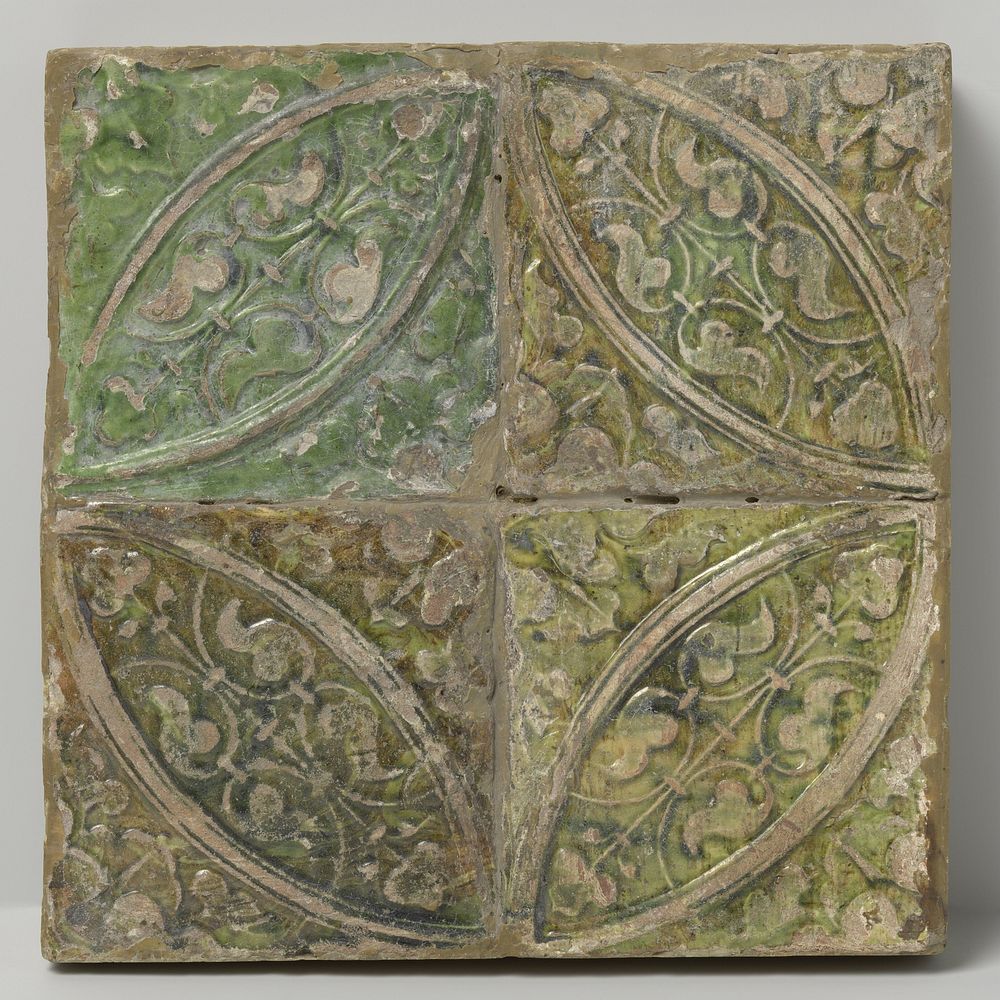 Vier tegels met vierpuntige ster binnen cirkel (c. 1500 - c. 1600) by anonymous