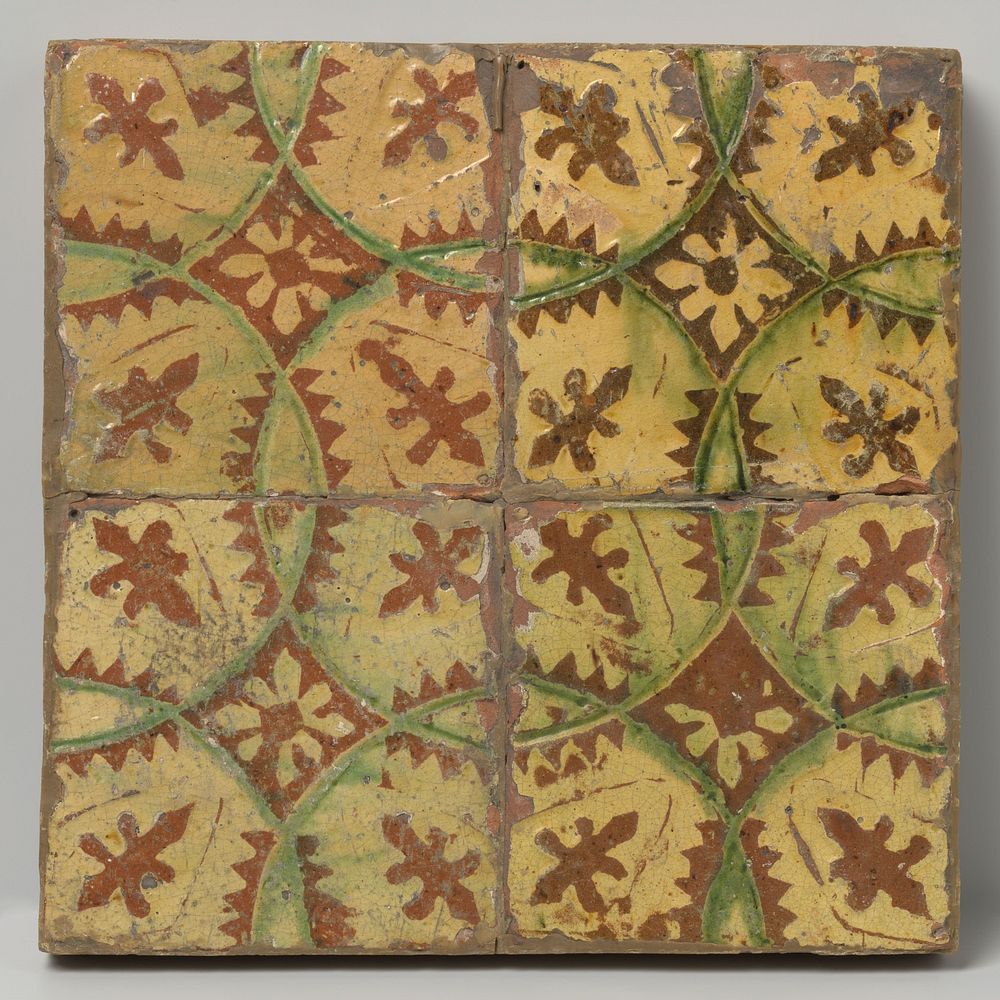 Veld van vier tegels met cirkels en rozetten (c. 1700 - c. 1800) by anonymous