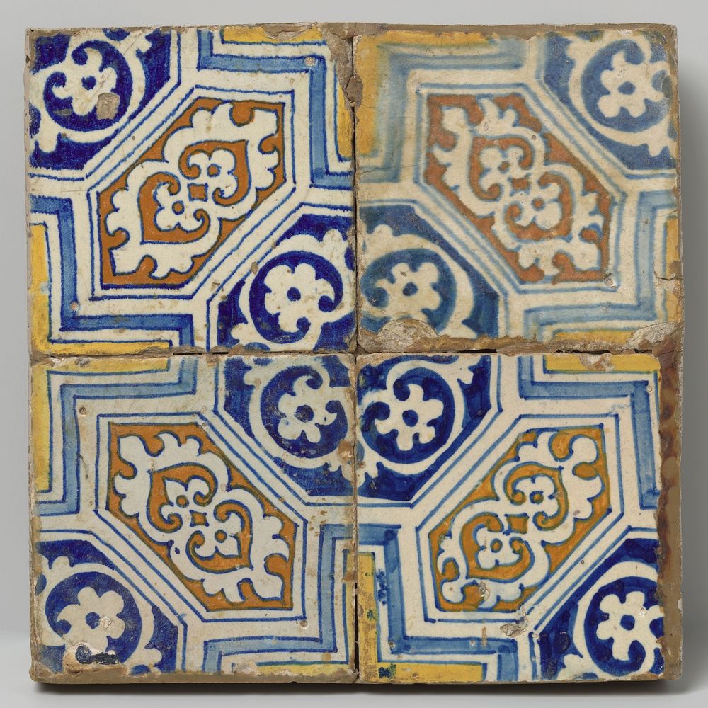 Veld van vier tegels met patroon van bladeren (c. 1560 - c. 1600) by anonymous