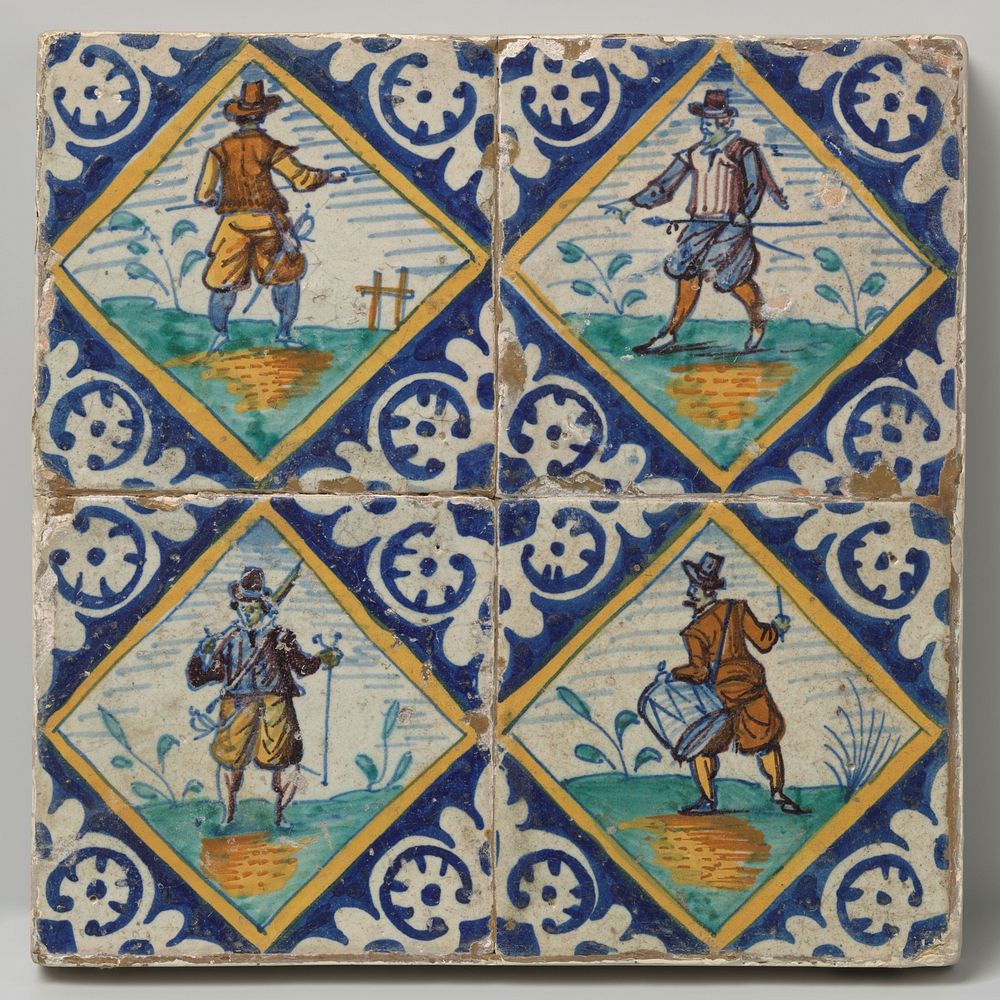 Veld van vier tegels met jagers en dieren (c. 1580 - c. 1625) by anonymous