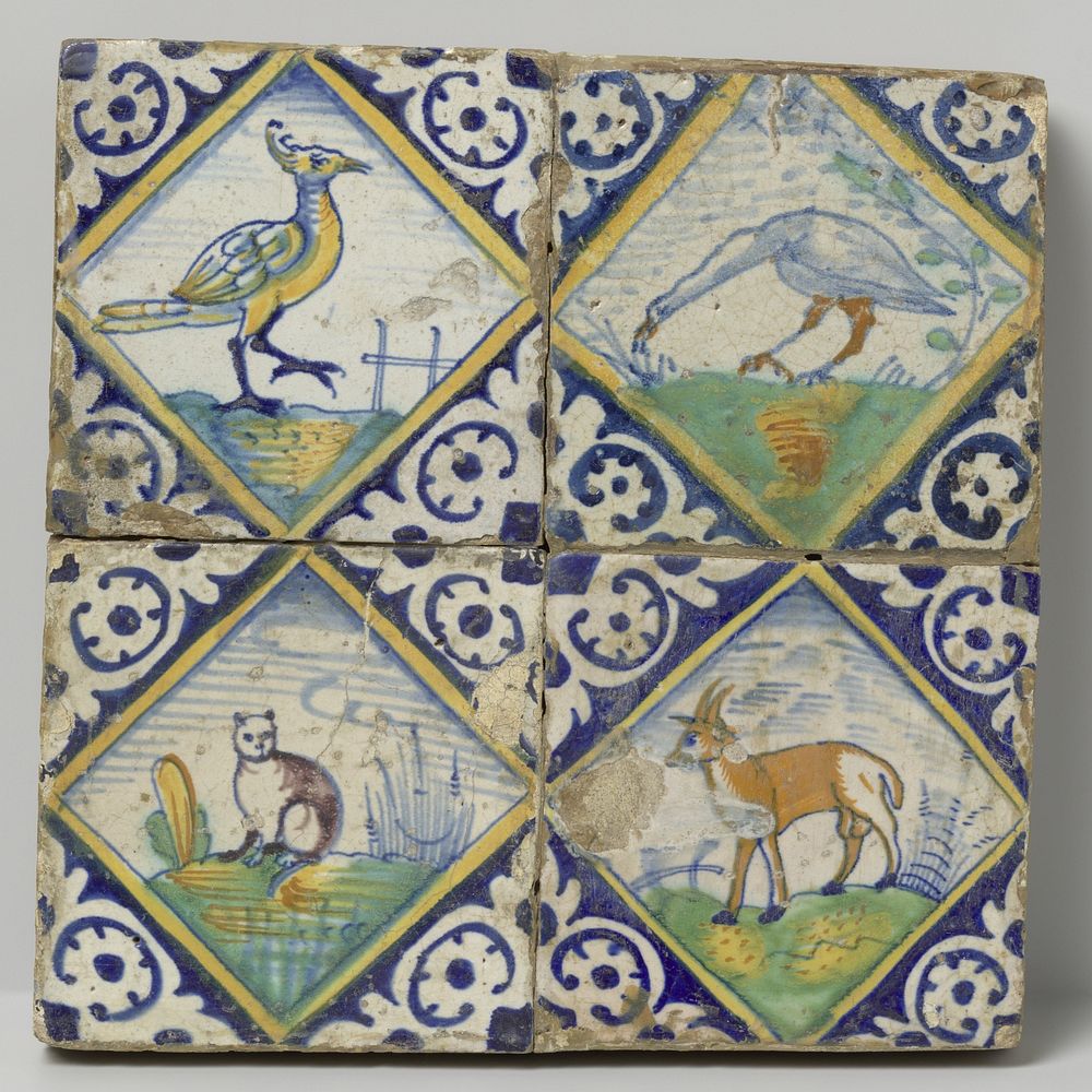 Veld van vier tegels met dieren (c. 1580 - c. 1625) by anonymous