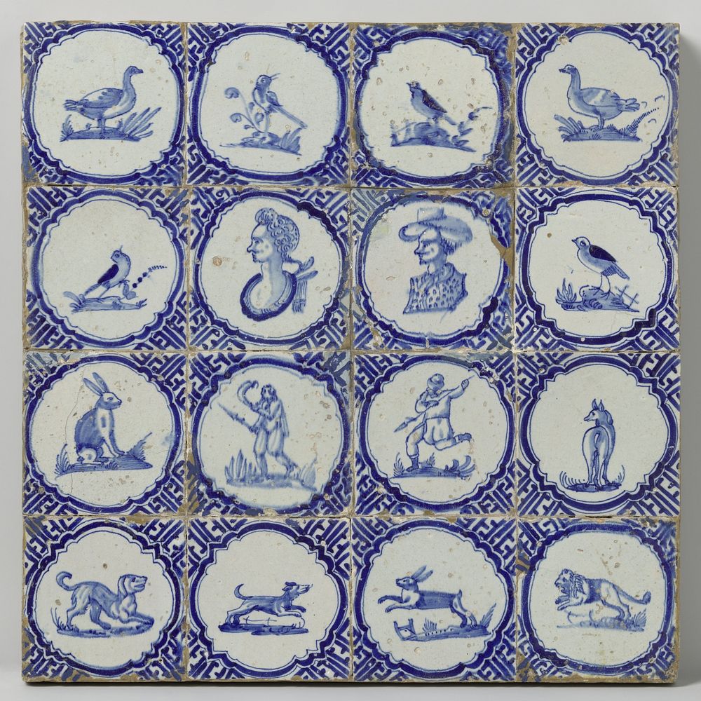 Veld van zestien tegels met jagers en dieren (c. 1620 - c. 1640) by anonymous