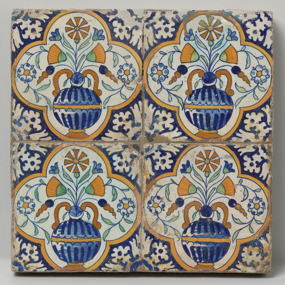 Veld van vier pompadourtegels met bloempotten (c. 1580 - c. 1625) by anonymous