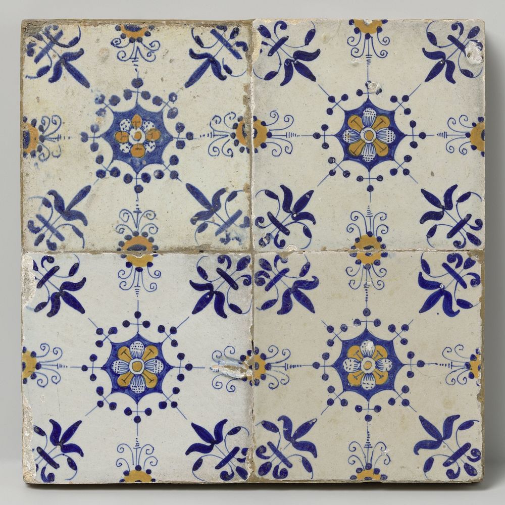 Veld van vier tegels met rozetten (c. 1640 - c. 1660) by anonymous