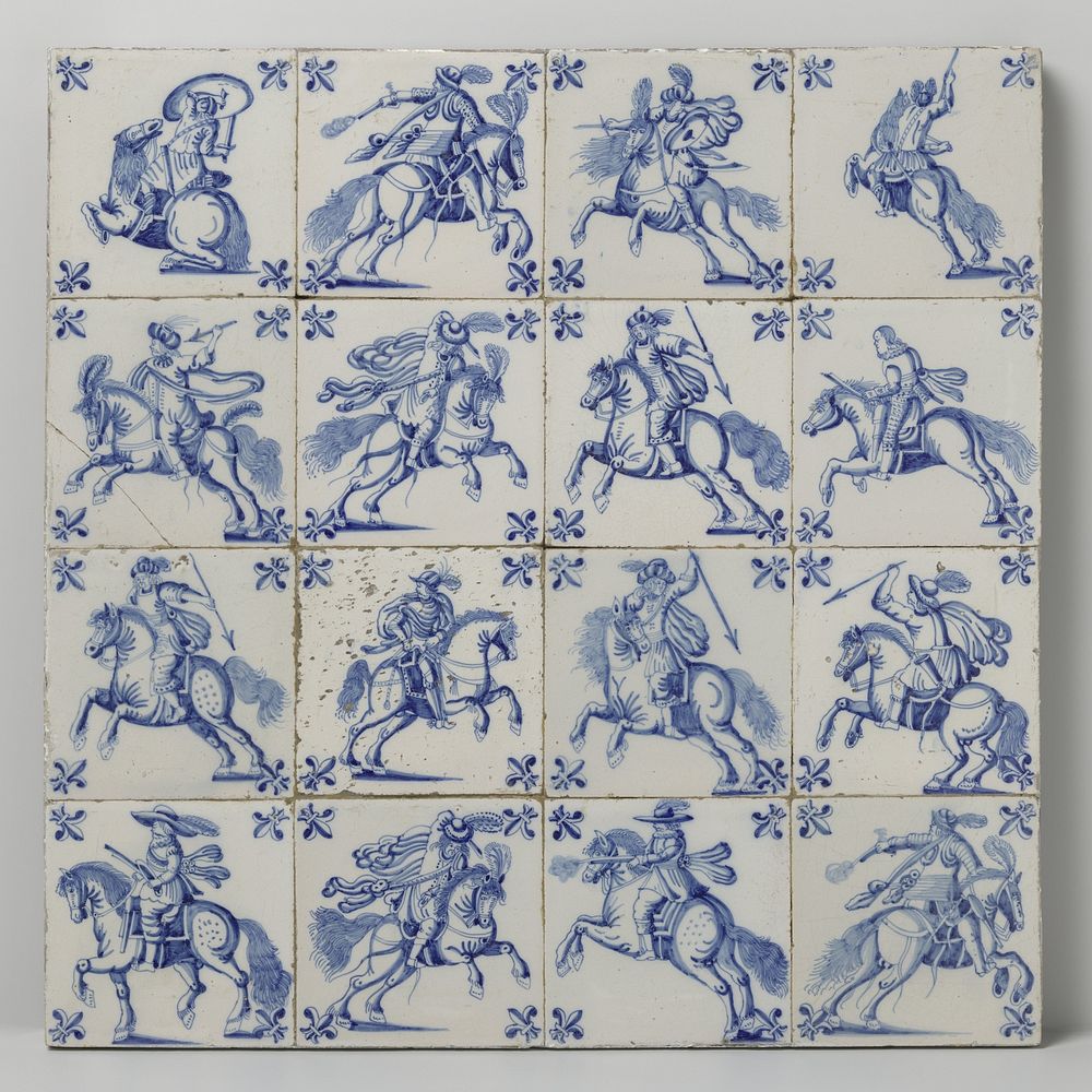 Veld van zestien tegels met ruiters (c. 1700 - c. 1750) by anonymous