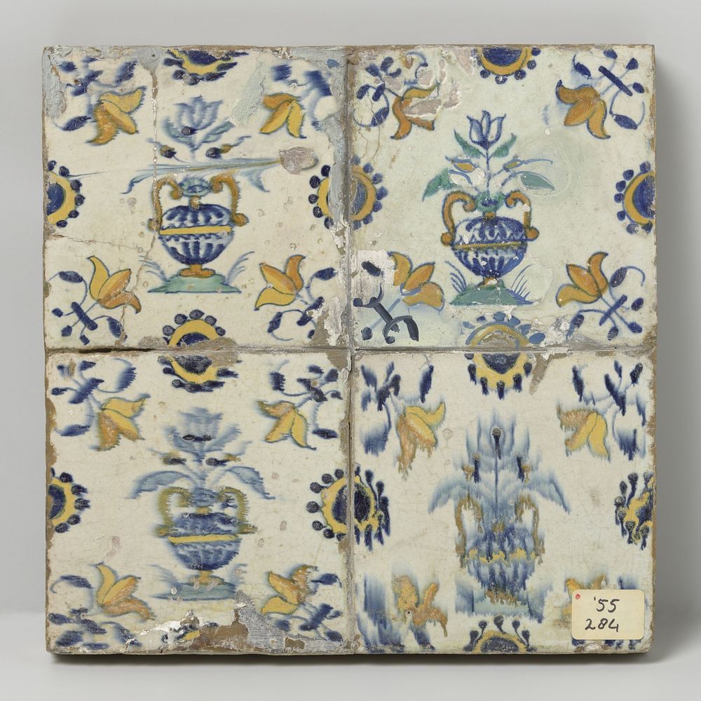 Veld van vier tegels met bloempotten (c. 1640 - c. 1660) by anonymous