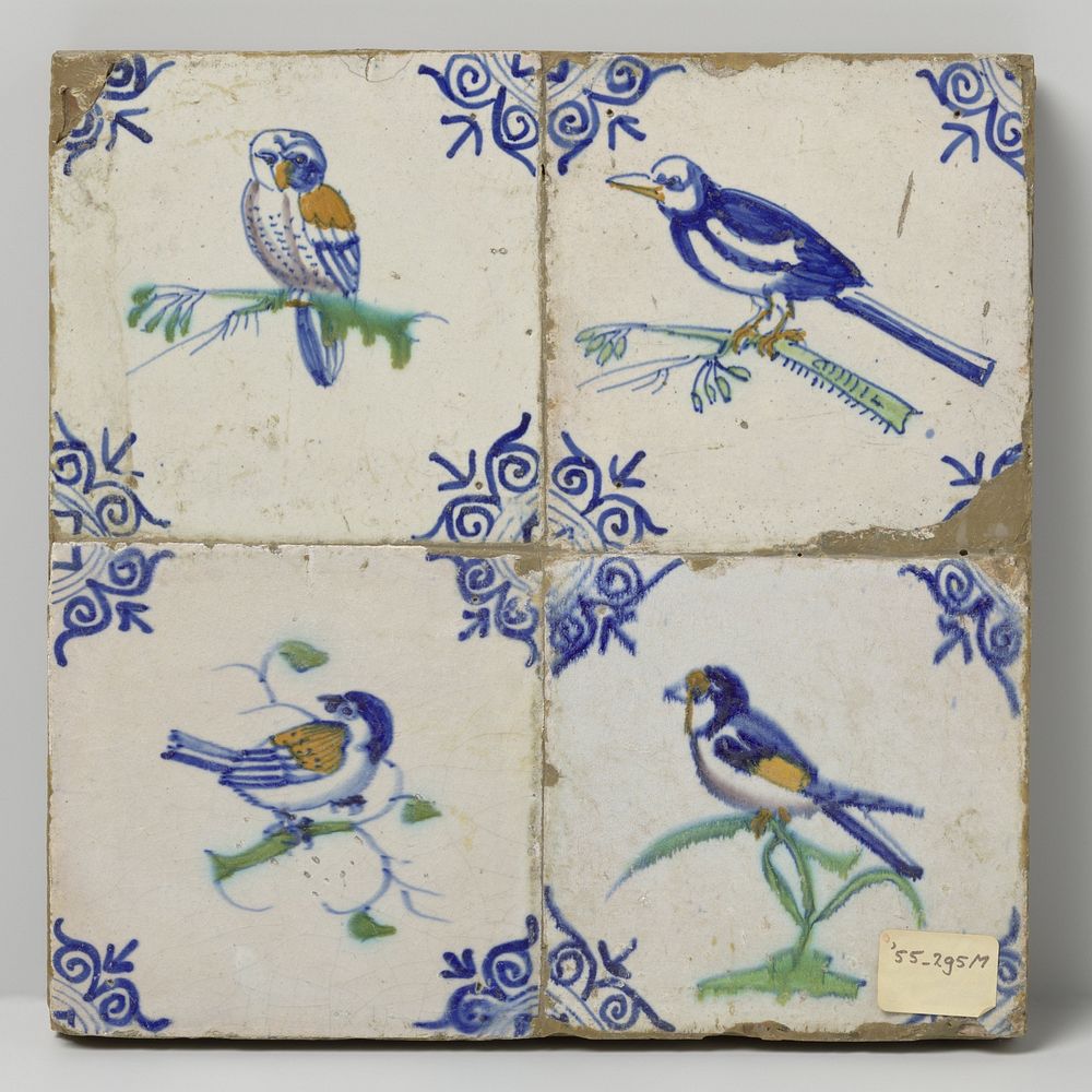 Veld van vier tegels met vogels (c. 1640 - c. 1660) by anonymous