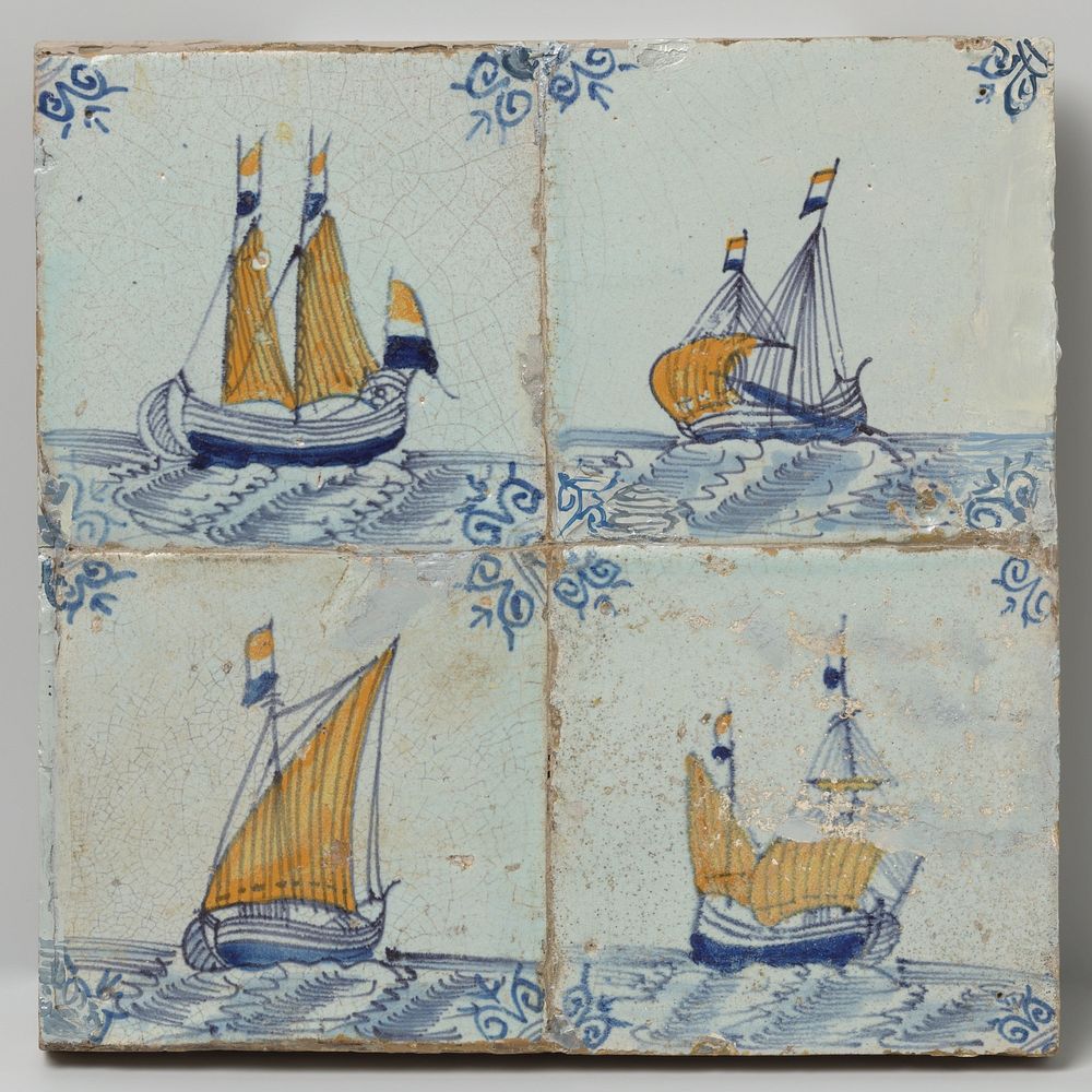 Veld van vier tegels met schepen (c. 1650 - c. 1680) by anonymous