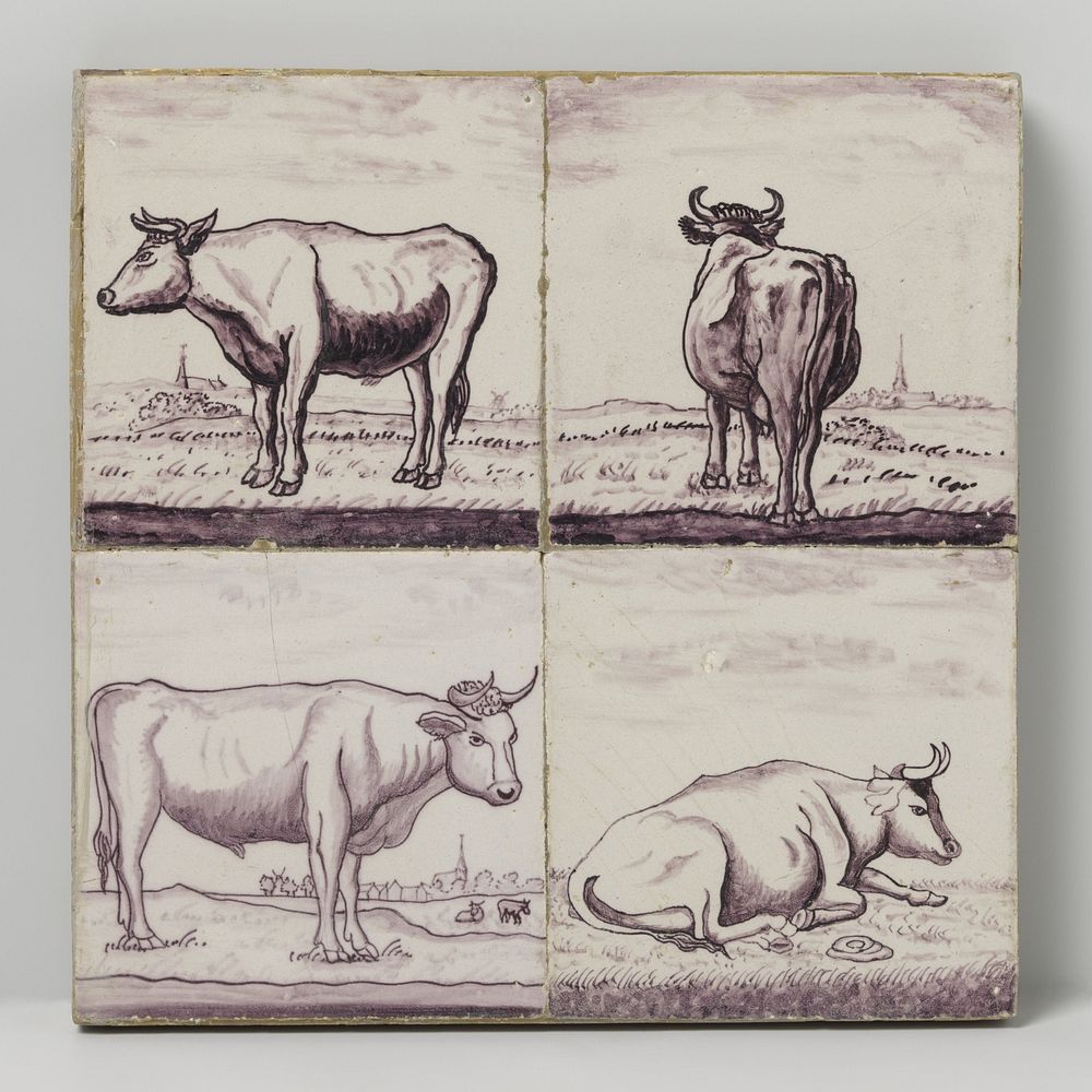 Veld van vier tegels beschilderd met koeien of stieren (c. 1790 - c. 1810) by anonymous