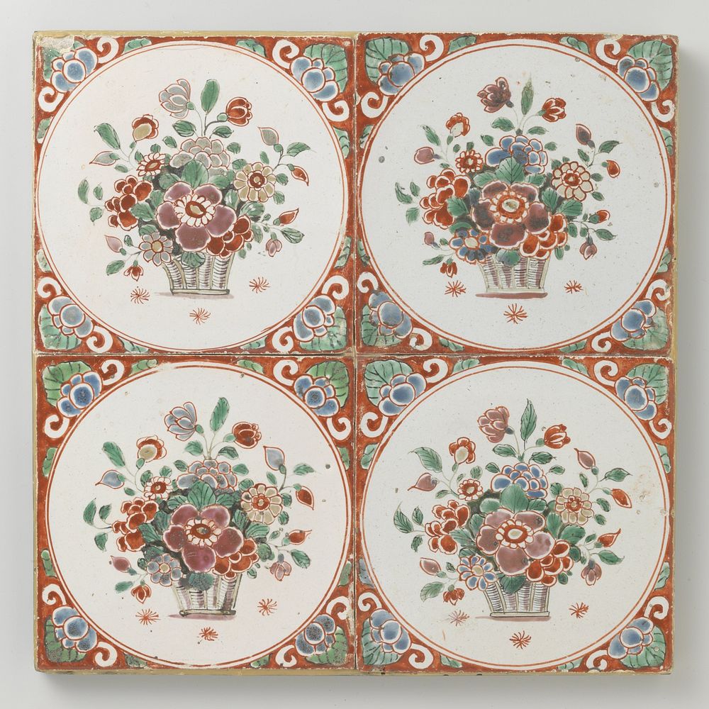 Veld van vier tegels met bloemvaas (c. 1720 - c. 1750) by anonymous