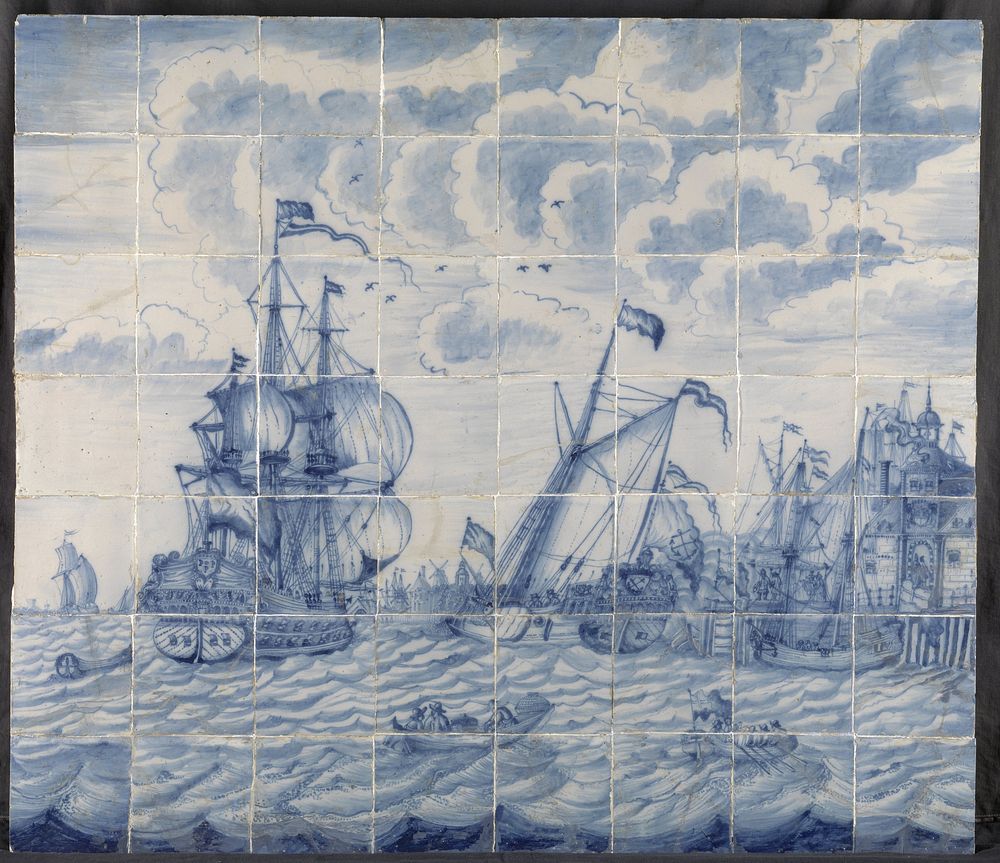 Tegeltableau met het schip "Den Briel" van Willem III met het admiraalsjacht voor het Oude Hoofd te Rotterdam (c. 1690 - c.…