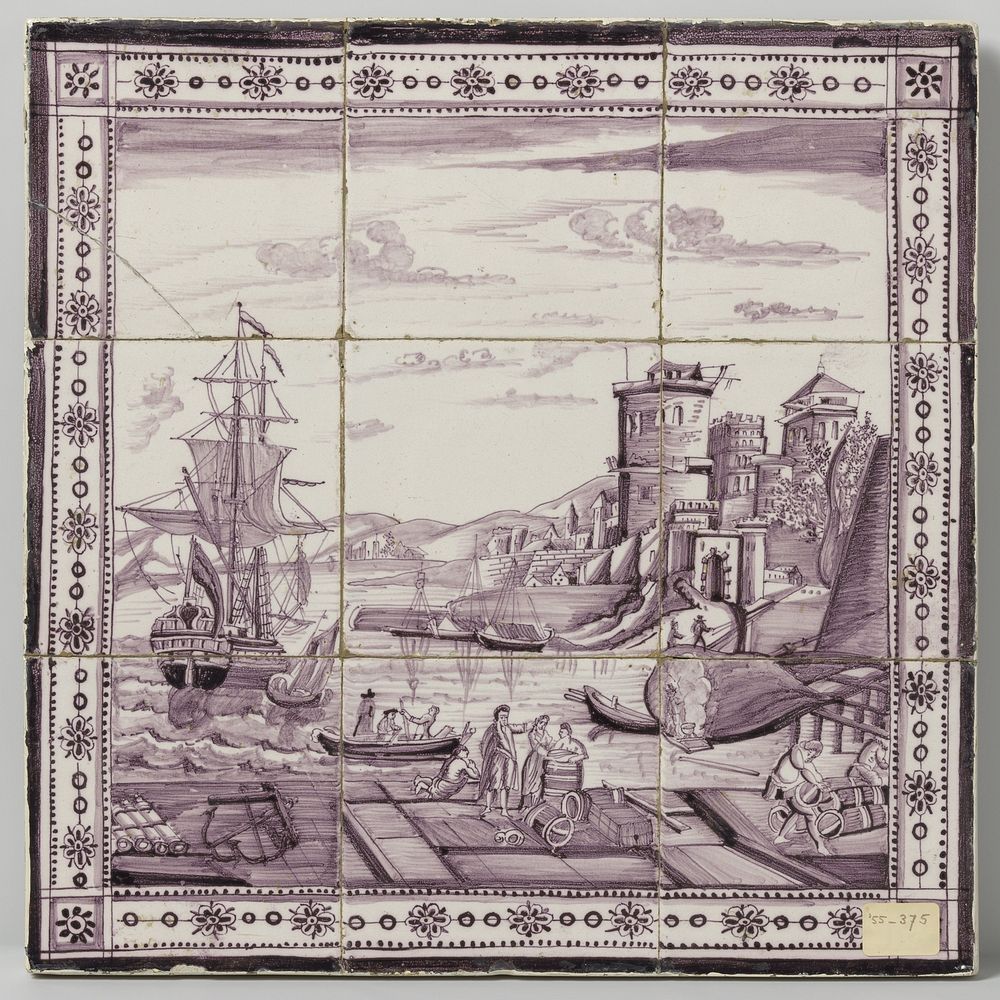 Tegeltableau met havengezicht (c. 1780 - c. 1820) by anonymous