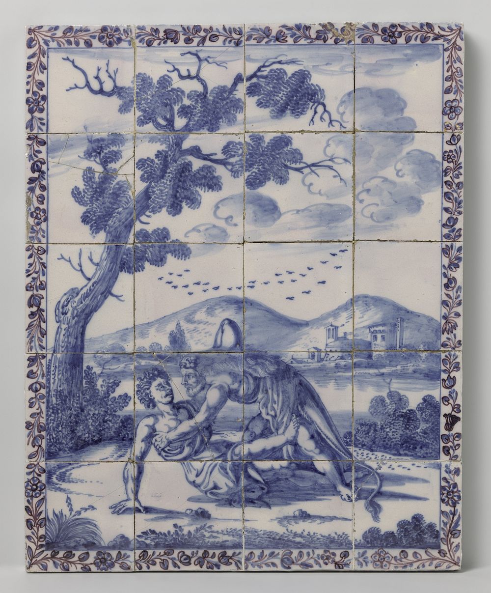 Tegeltableau met in blauw een landschap met mythologische voorstelling: Hercules en Achelous (c. 1720 - c. 1760) by anonymous