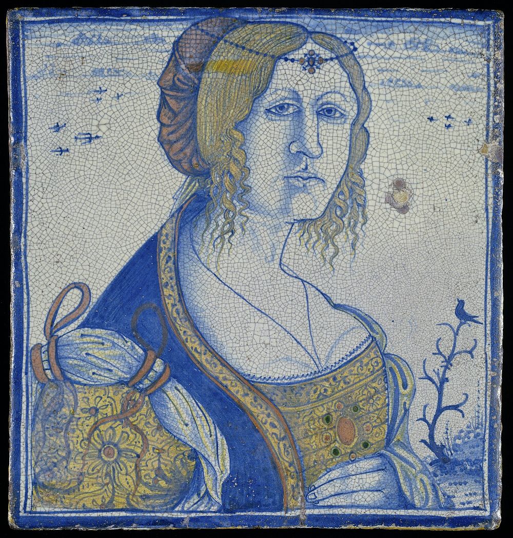 Tegel met het portret van een vrouw, oorspronkelijk gebruikt als gevelsteen in het huis Wijnhaven 16 te Delft (c. 1535) by…