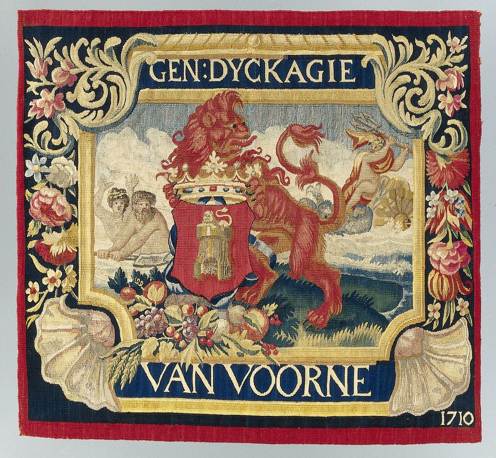 Kussenblad met een symbolische voorstelling en het wapen van Voorne (1710) by François Coppens and Jeremias van Diepenburg