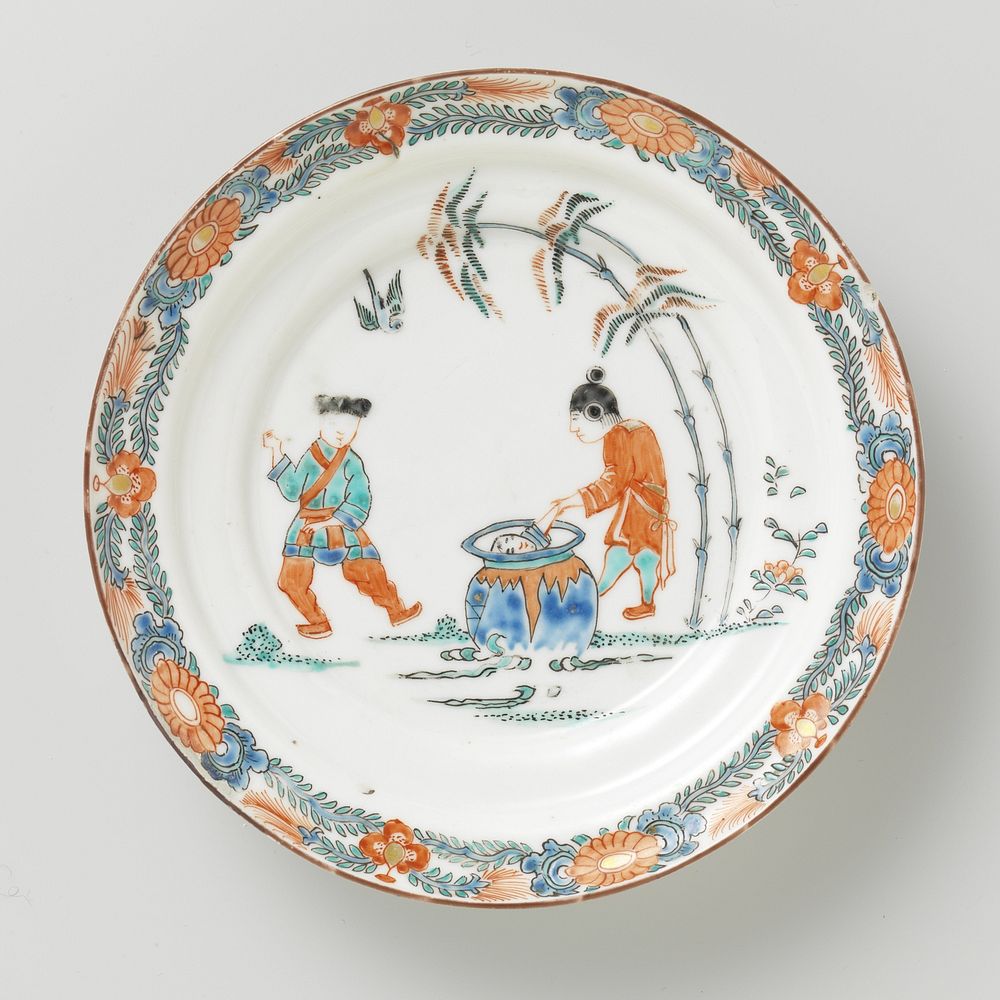 Plate with an image of Shiba Onko and floral scrolls (c. 1700 - c. 1724) by anonymous and anonymous