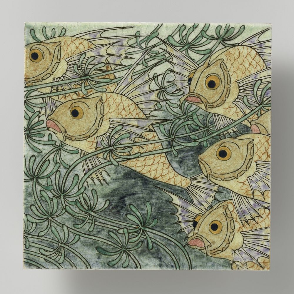 Tile painted with Fish and Weeds (c. 1896 - c. 1901) by Bert Nienhuis I and Tegelbakkerij Lotus
