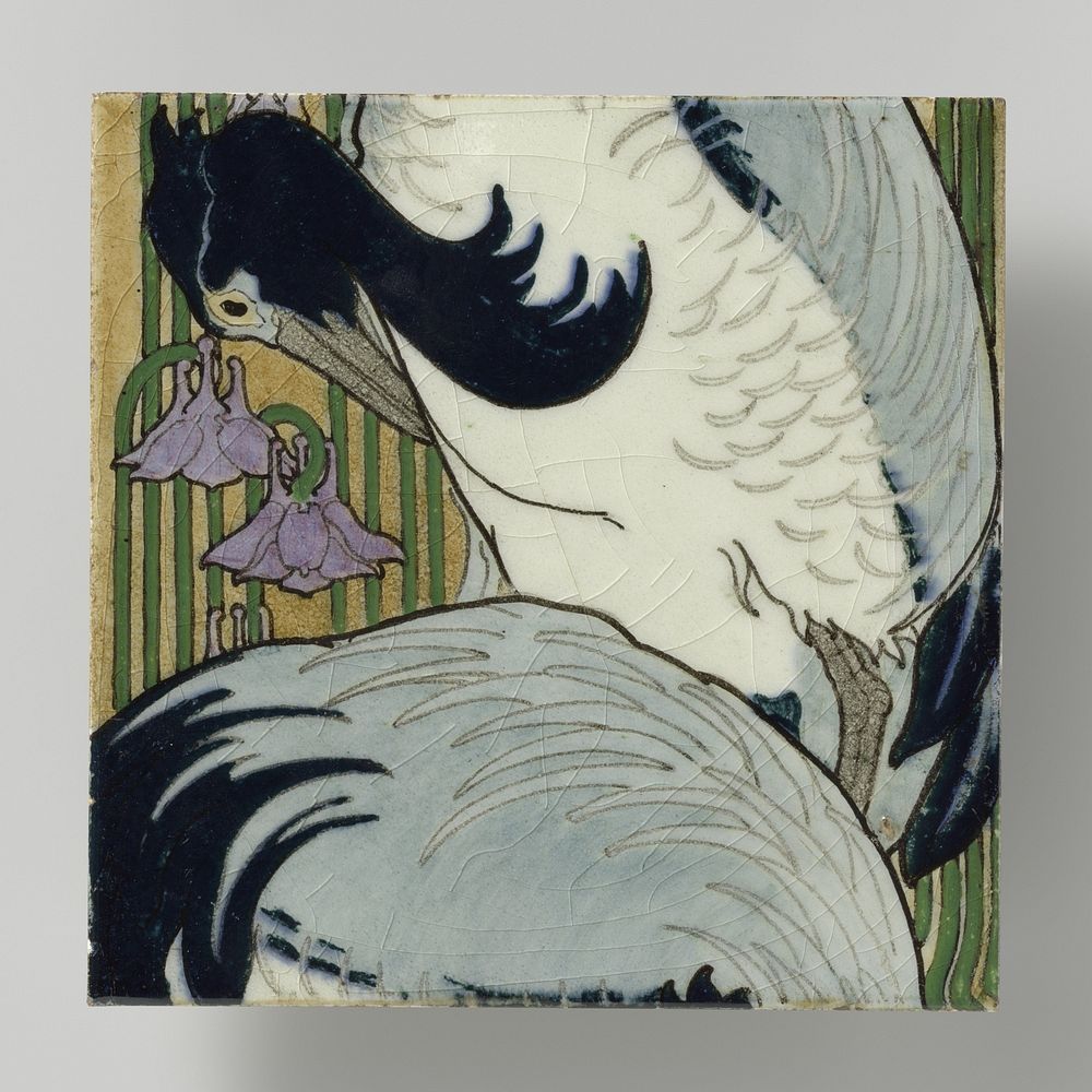 Tegel, behorend bij tegeltableau beschilderd met kraanvogels en akeleien (c. 1896 - c. 1901) by Bert Nienhuis I and…