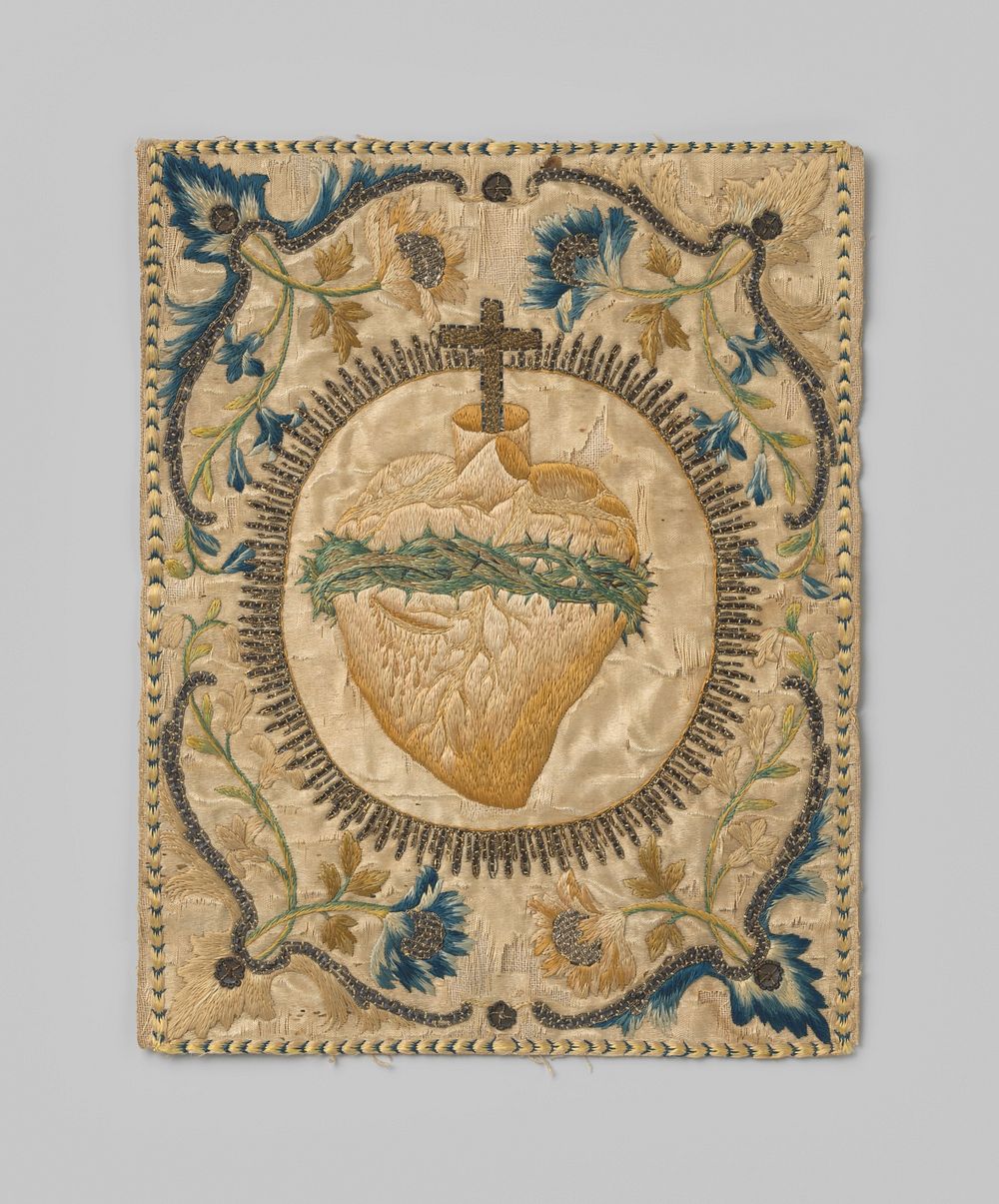 Borduurwerk, paneeltje, met voorstelling van het bloedend hart van Christus in veelkleurige zijde, goud- en zilverdraad op…
