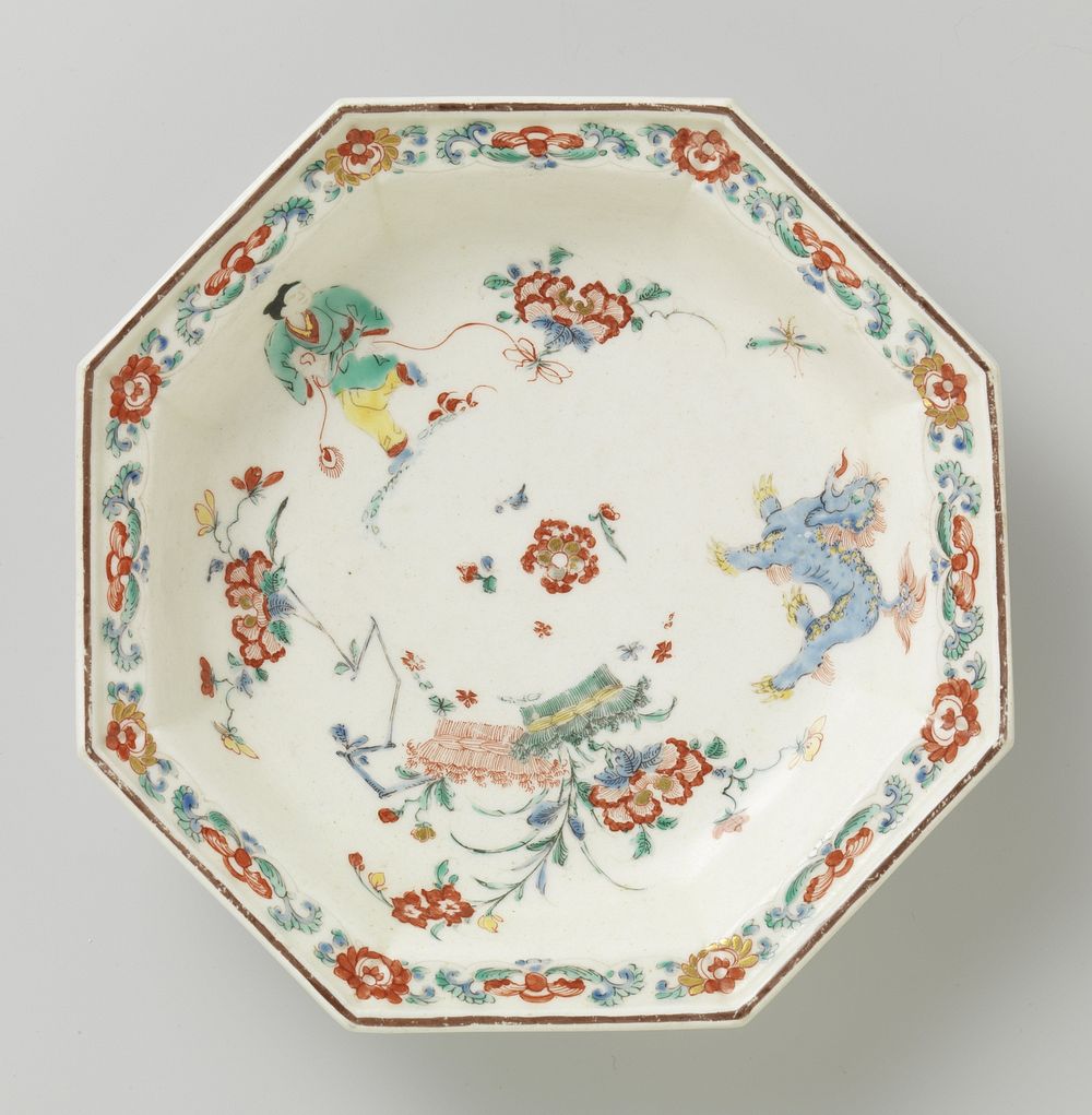 Plate with a boy, a shishi and flowerin plants (c. 1755) by Bow