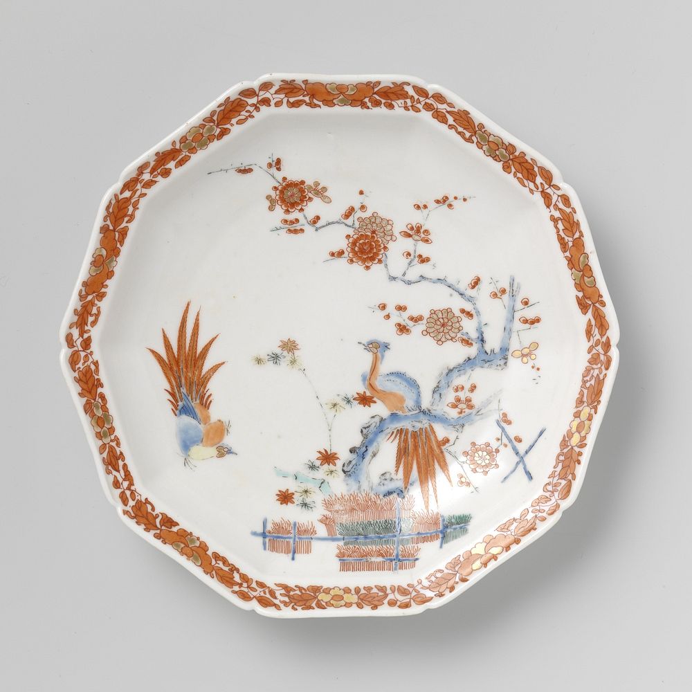 Saucer with flowering plants near fences and birds (c. 1752) by Chelsea