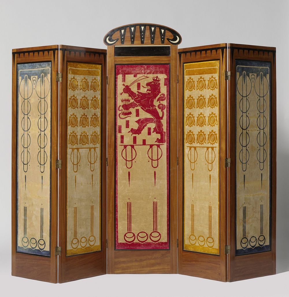 Kamerscherm met vijf raamwerken bespannen met gebatikte trijp (1902) by Chris Wegerif, Agathe Wegerif Gravestein and J Th…