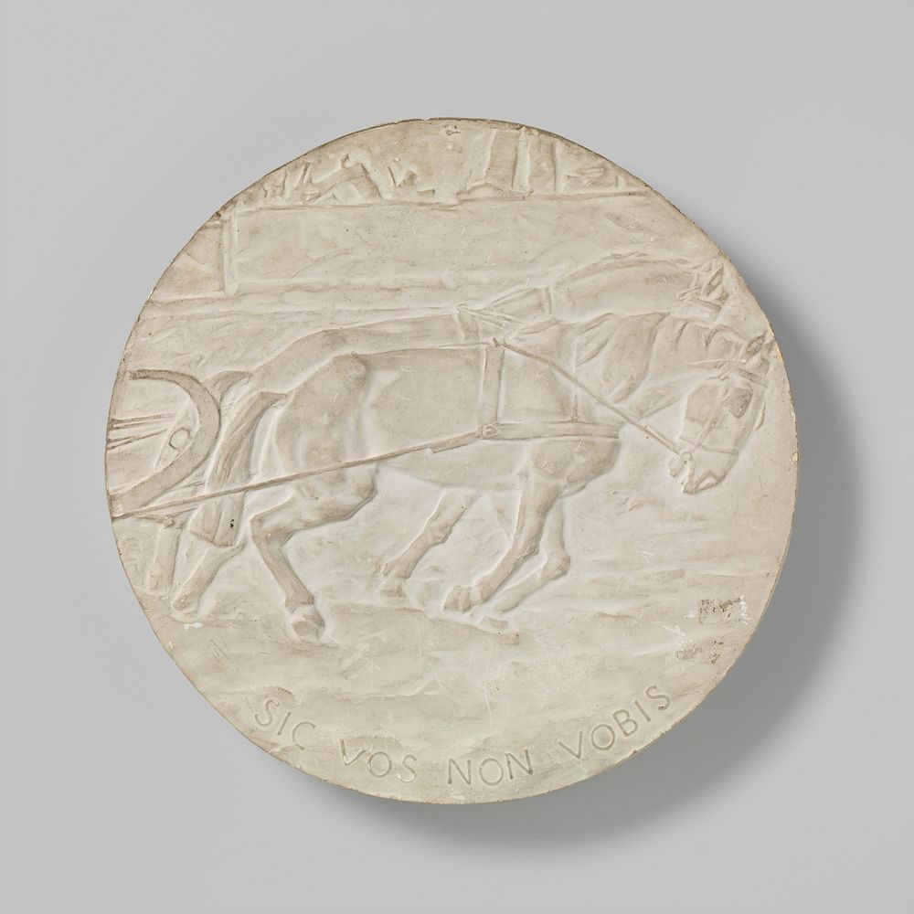 Plaquette van gips, ontwerp voor een penning: trekpaarden met opschrift SIC VOS NON VOBIS (1876 - 1947) by Lambertus Zijl
