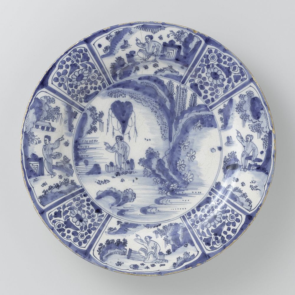 Schotel, op het plat in blauw beschilderd met een Chinees die een baldakijn ophoudt (c. 1650 - c. 1670) by anonymous
