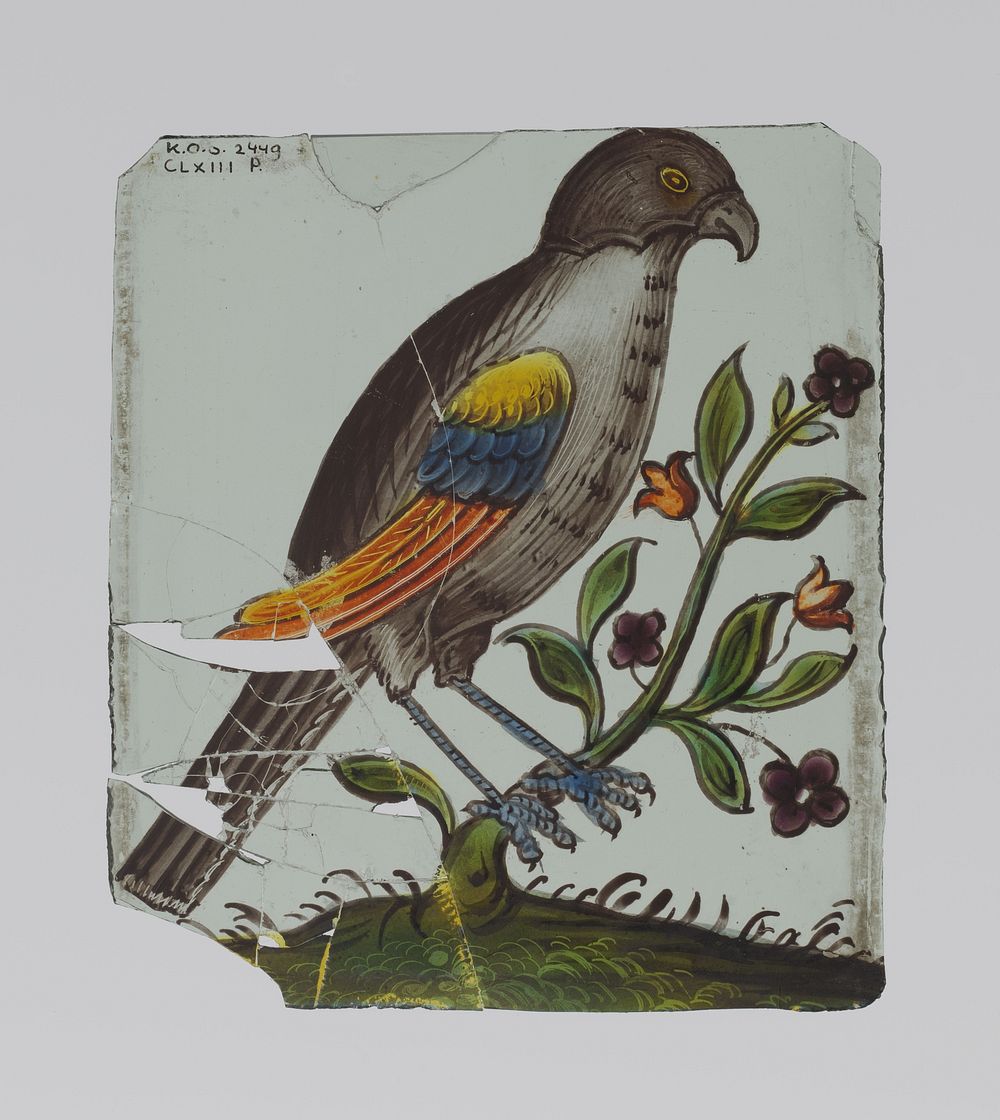 Ruit met vogel op tak waaraan vijf bloemen (1600 - 1700) by anonymous