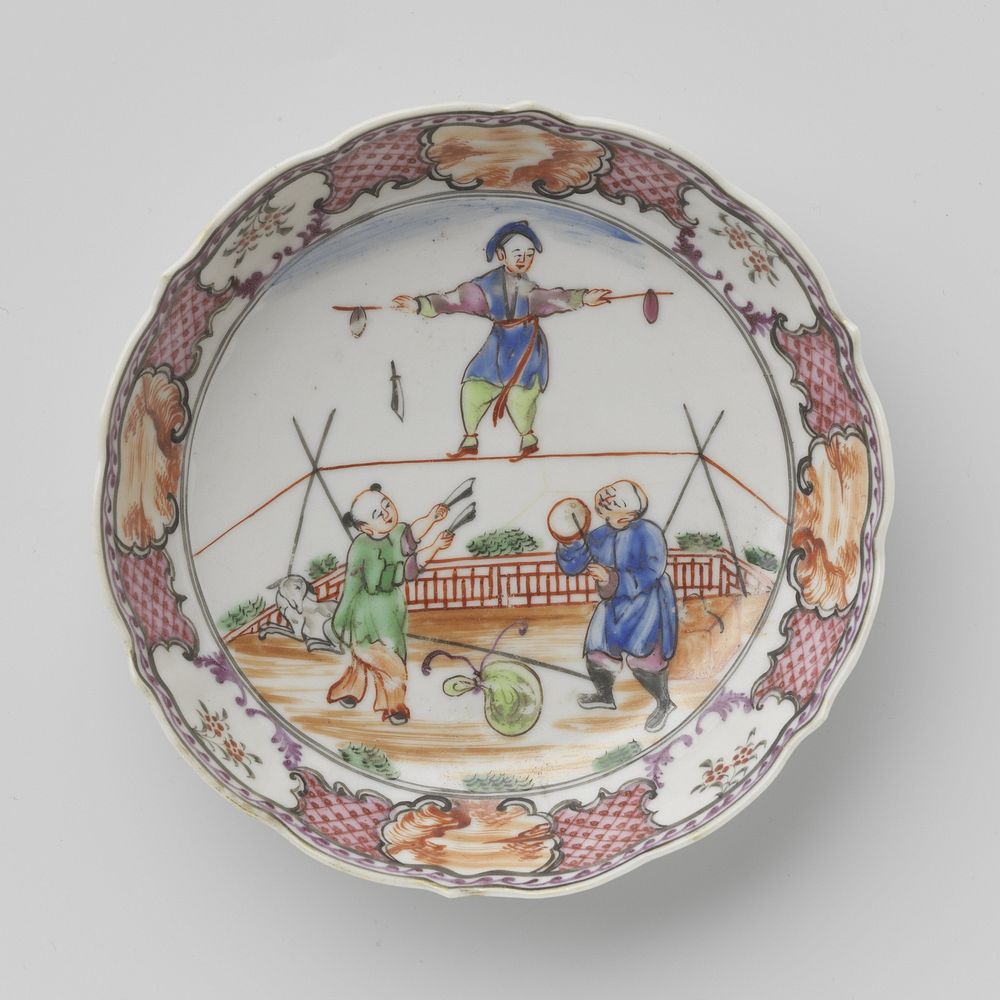 Saucer with three Chinese acrobats and landscapes in panels (c. 1775 - c. 1799) by anonymous