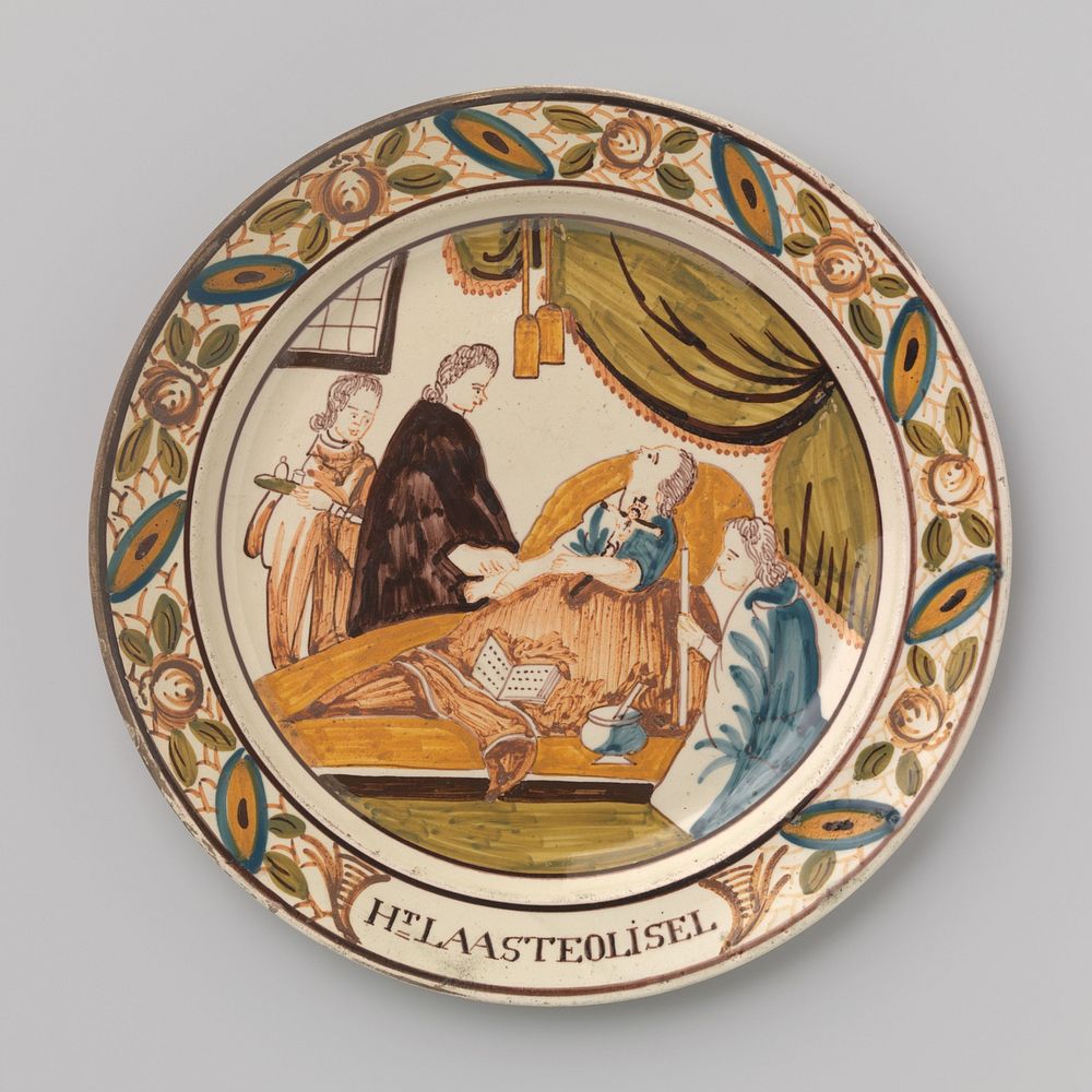 Bord van crême-kleurig steengoed met voorstelling van een stervende (1800 - 1825) by Piccardt and De Porceleijne Fles