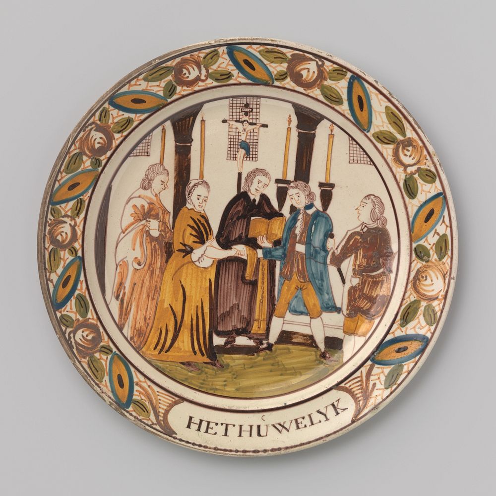 Bord van crême-kleurig steengoed met voorstelling van het huwelijk (1800 - 1825) by Piccardt and De Porceleijne Fles