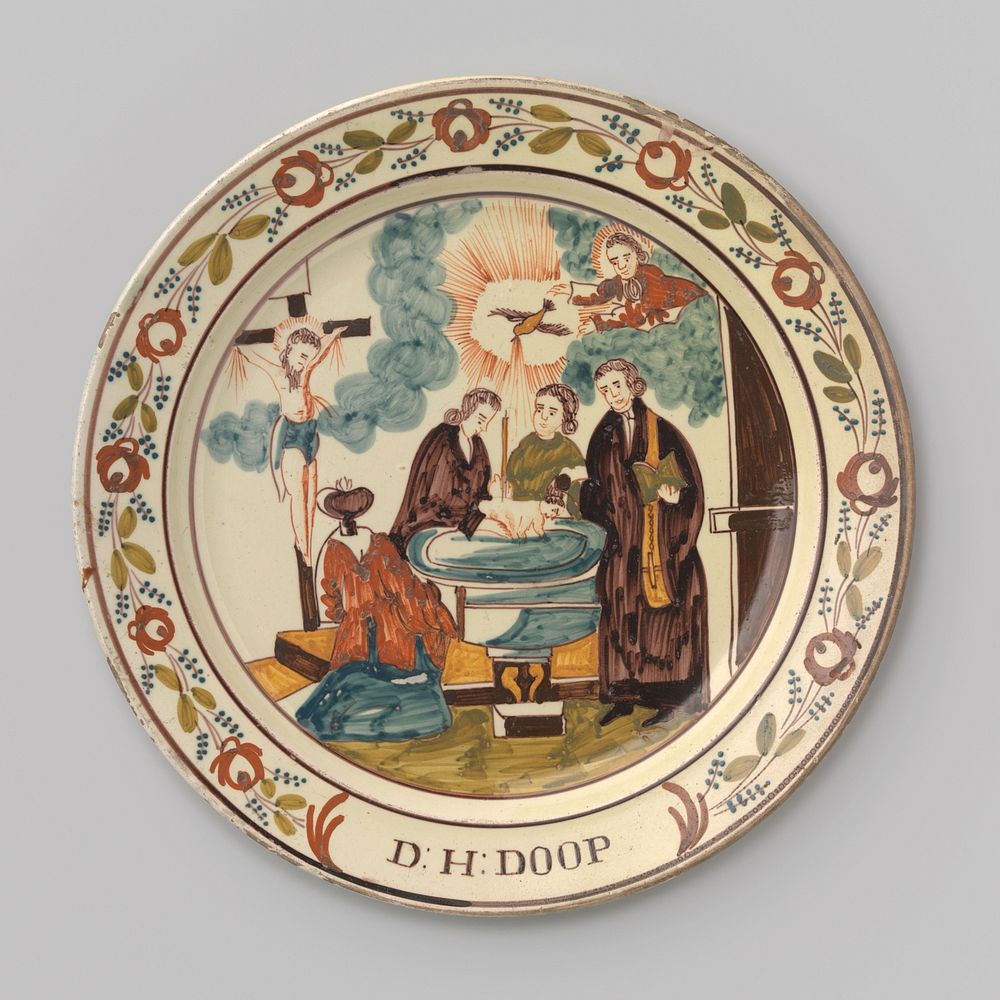 Bord van crême-kleurig steengoed met voorstelling van de doop (c. 1800) by Piccardt and De Porceleijne Fles