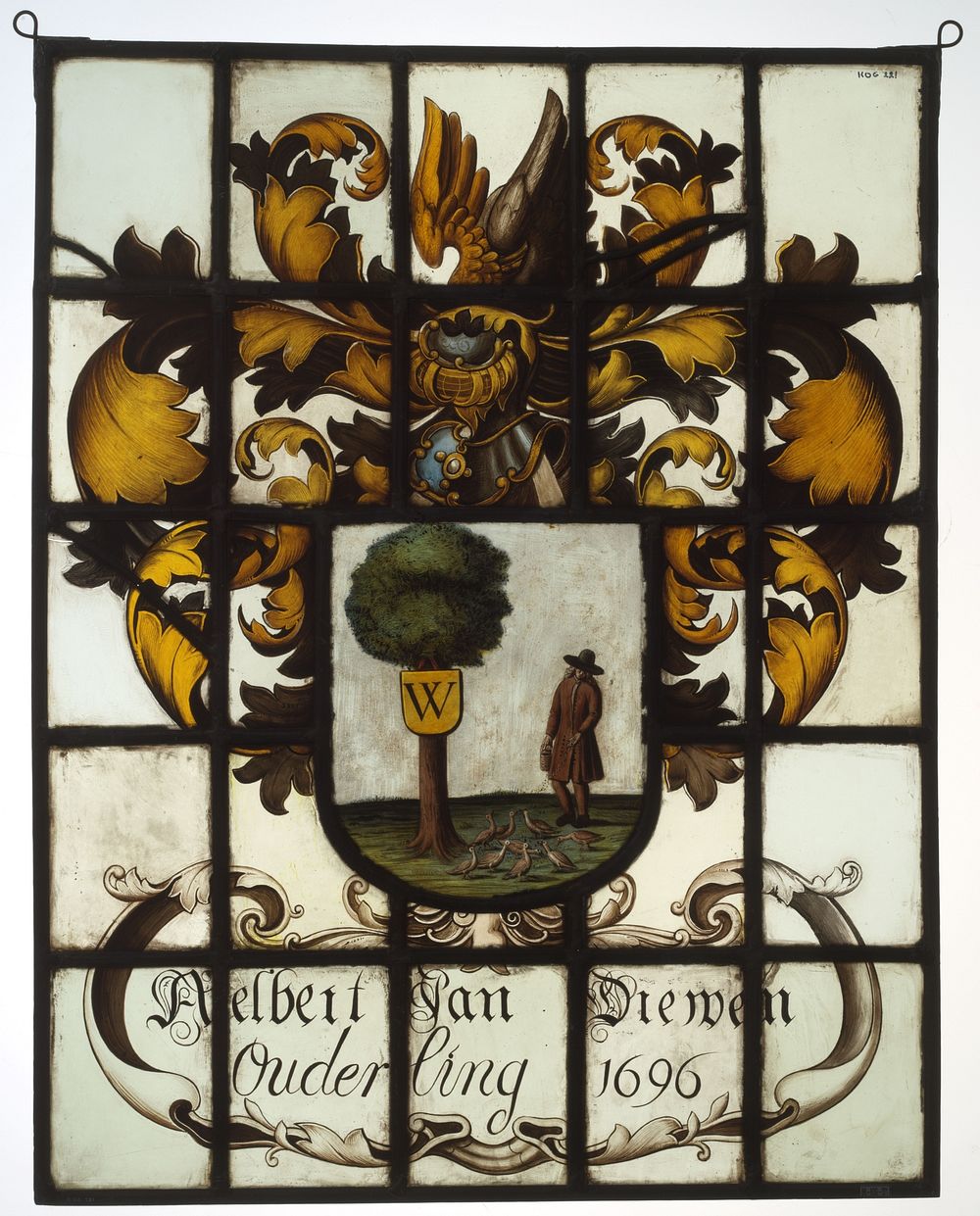 Ruit met wapenschild waarin man die bij een boom ganzen voert. Onderschrift "Aelbert van Diemen Ouderling 1696" (c. 1800 -…