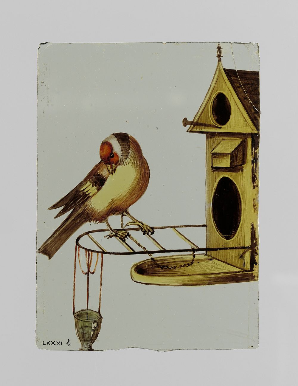 Ruit met een geketende vogel voor een vogelhuisje (c. 1650 - c. 1675) by anonymous