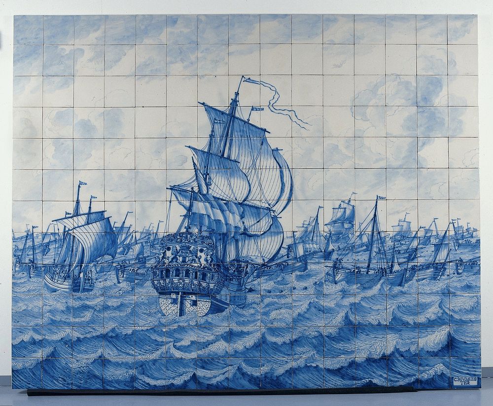 Tile Panel depicting the Warship Rotterdam and the Herring Fleet (c. 1700 - c. 1725) by Tegelbakkerij aan de Delftschevaart…