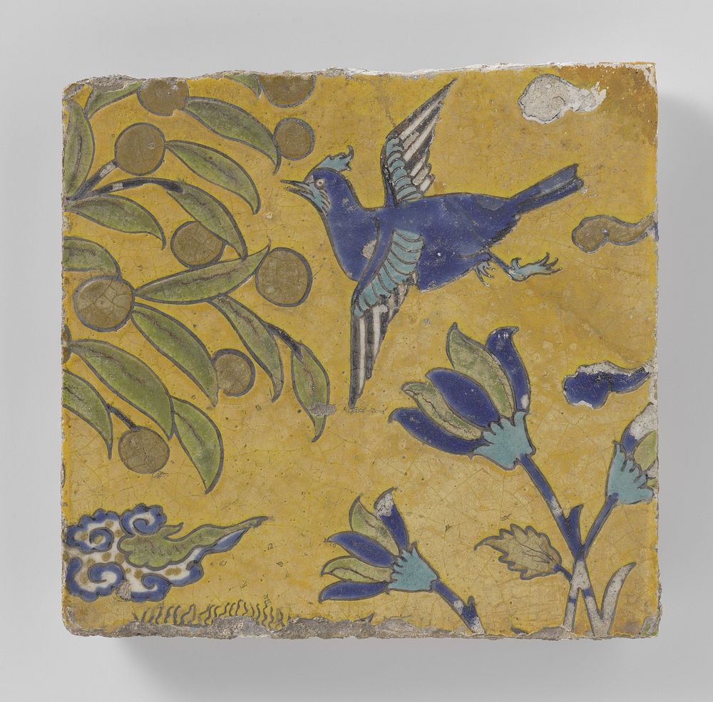 Tile with a flying bird and flowers (c. 1600 - c. 1699) by anonymous