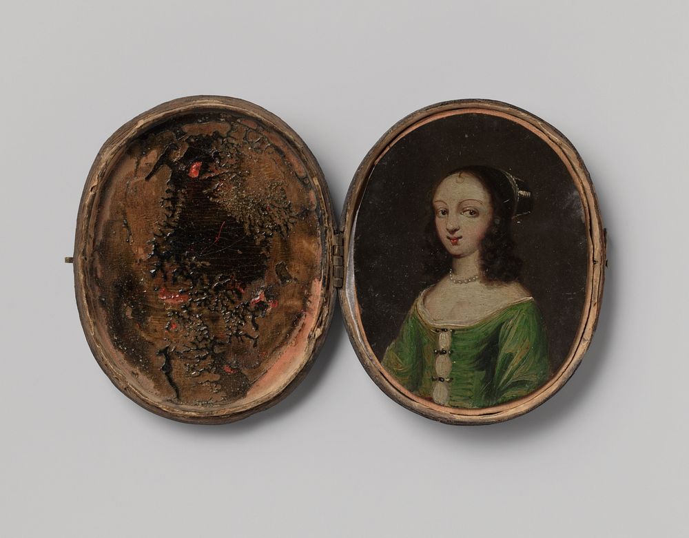 Ovale doos waarin een vrouwenportret en dertien transparantjes beschilderd met verschillende kostuums (c. 1642 - c. 1652) by…