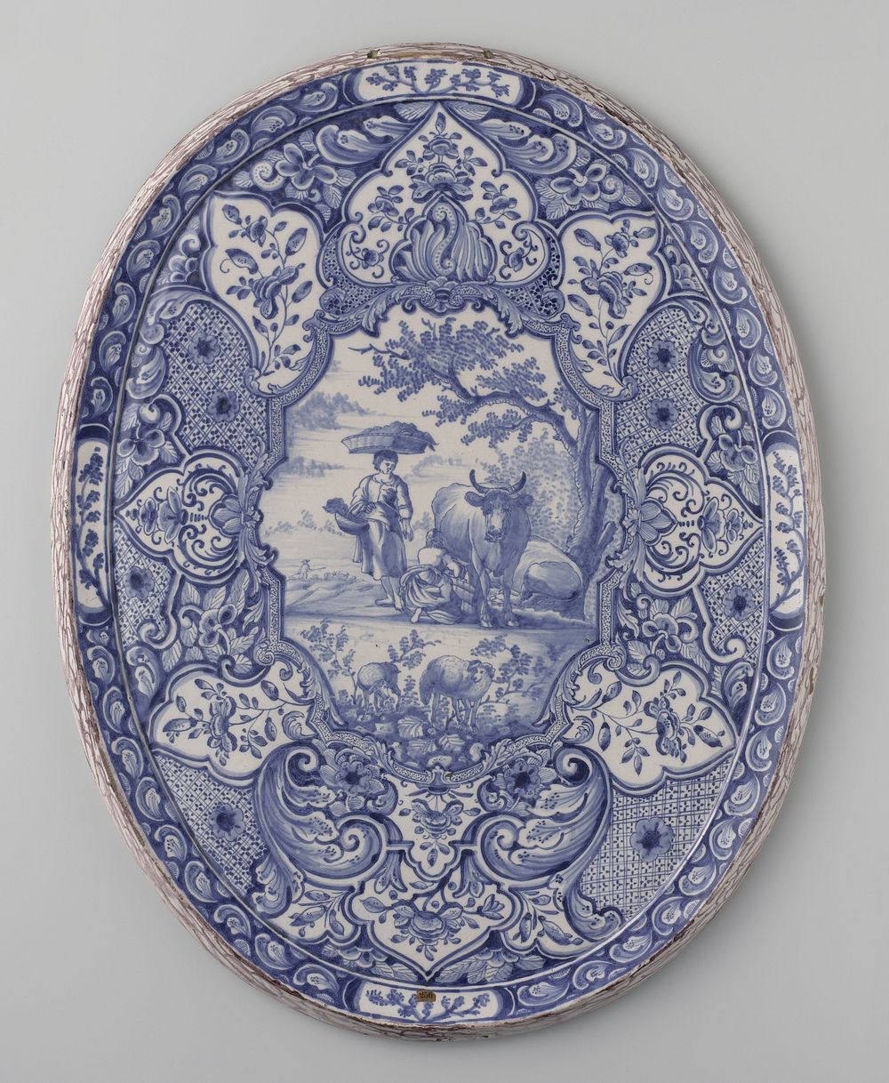 Plaat met paars gemarmerde rand en beschilderd in blauw met landelijke scene (c. 1740 - c. 1770) by anonymous