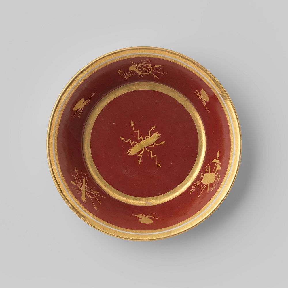 Saucer with objects and insects on a red ground (c. 1800) by anonymous