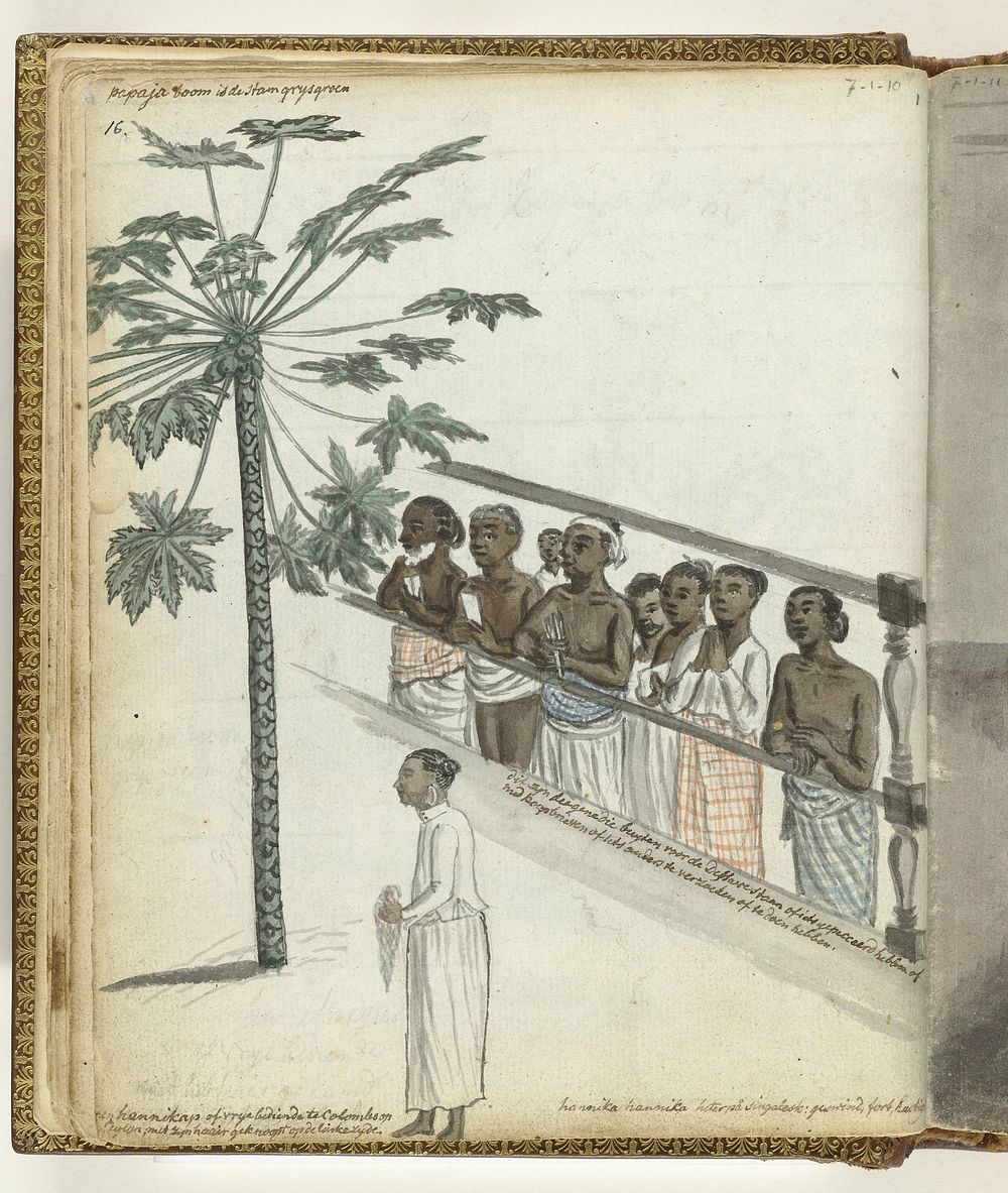 Papajaboom, rechtzoekenden bij de Dessave en een 'hennikap' of vrije bediende te Colombo (1785) by Jan Brandes