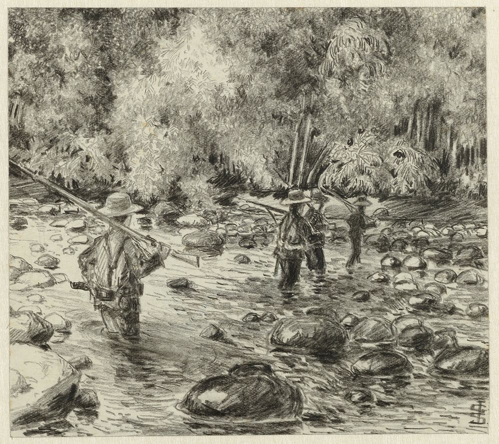 Soldaten die door rivier waden (1900 - 1910) by Johan Gerard Sinia