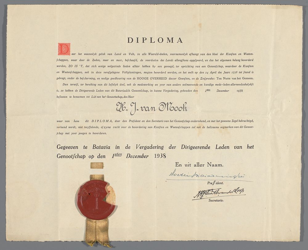 Diploma betreffende H.J. van Mook (1938) by Koninklijk Bataviaasch Genootschap van Kunsten en Wetenschappen
