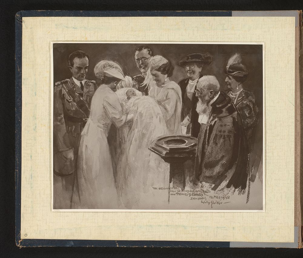Fotoreproductie van een tekening van de doop van prinses Beatrix, 12 mei 1938 (1938 - 1939) by Adam Frequin and Willy Sluiter