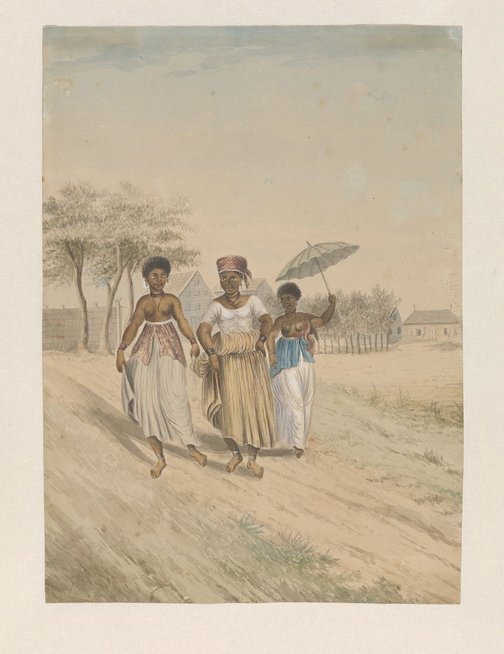 Drie vrouwen, waarvan één met een groene parasol (c. 1850) by anonymous
