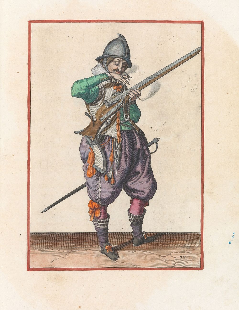 Soldaat op wacht met een roer die zijn lont naar zijn mond brengt om hem schoon te blazen (c. 1597 - 1607) by Jacques de…