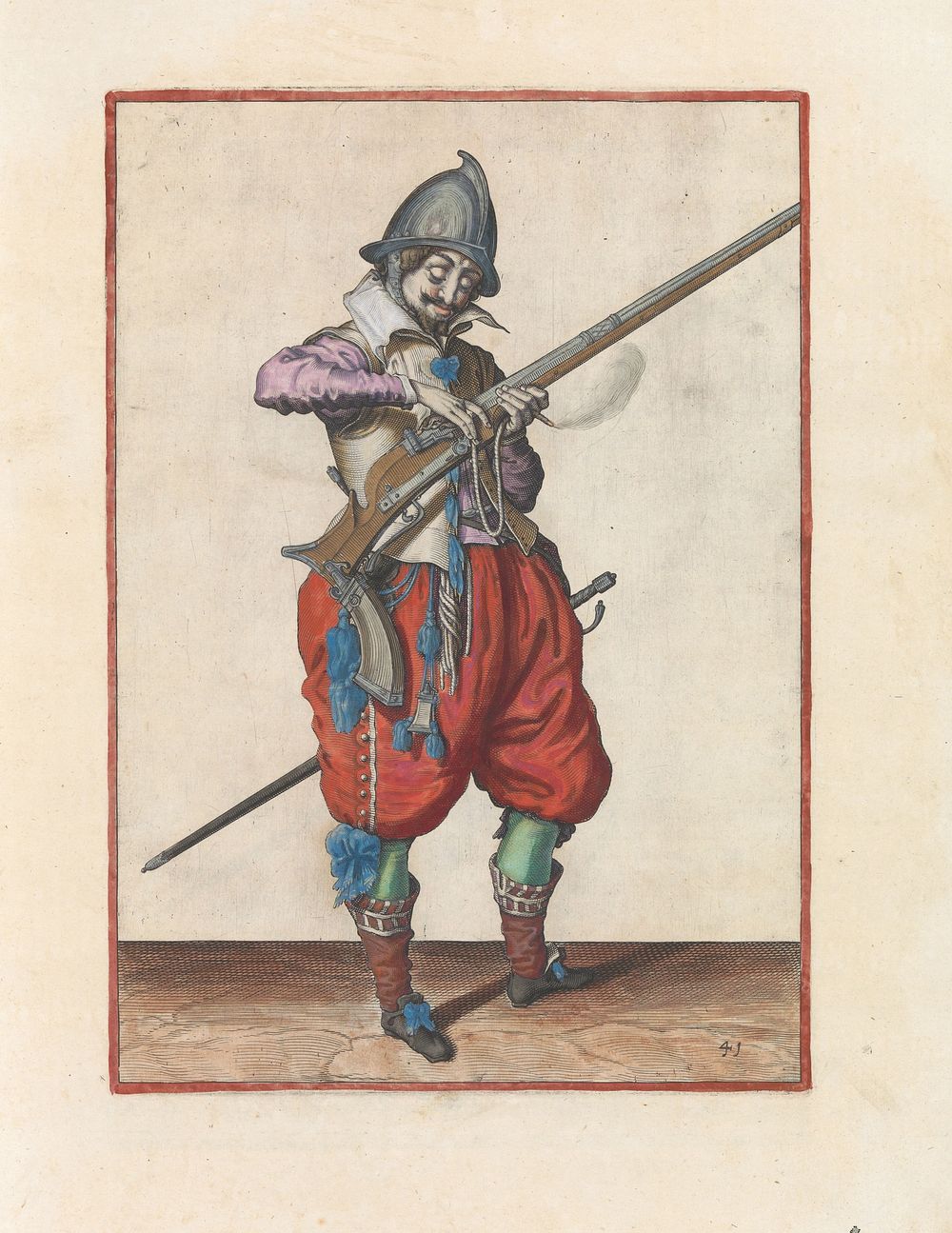 Soldaat op wacht die de lont op de haan van zijn roer de juiste plek en vorm geeft (c. 1597 - 1607) by Jacques de Gheyn II…