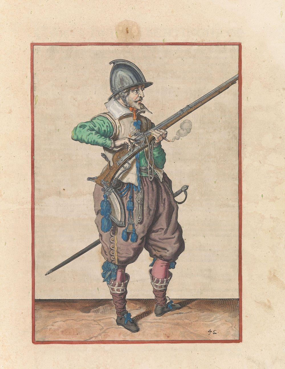 Soldaat op wacht die de pan van zijn roer met twee vingers bedekt tegen vonken (c. 1597 - 1607) by Jacques de Gheyn II and…